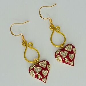 Hand-Shaped Gold Tone Dangle Earrings with Red and Gold Hearts